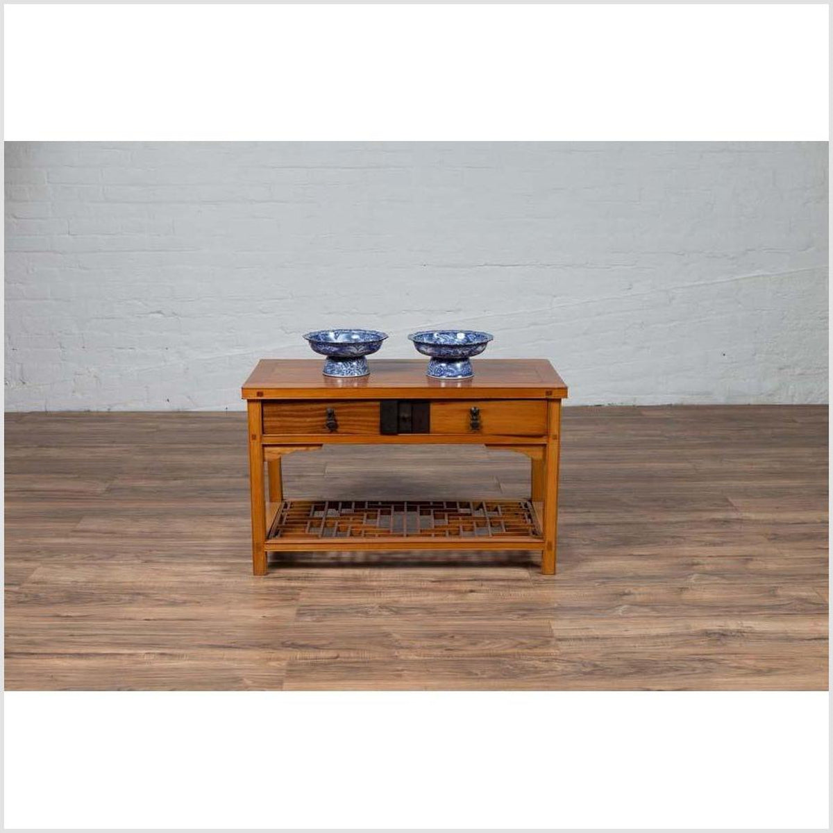 Vintage Chinese Natural Wood Side Table with Two Drawers and Crackled Ice Shelf-3. Asian & Chinese Furniture, Art, Antiques, Vintage Home Décor for sale at FEA Home