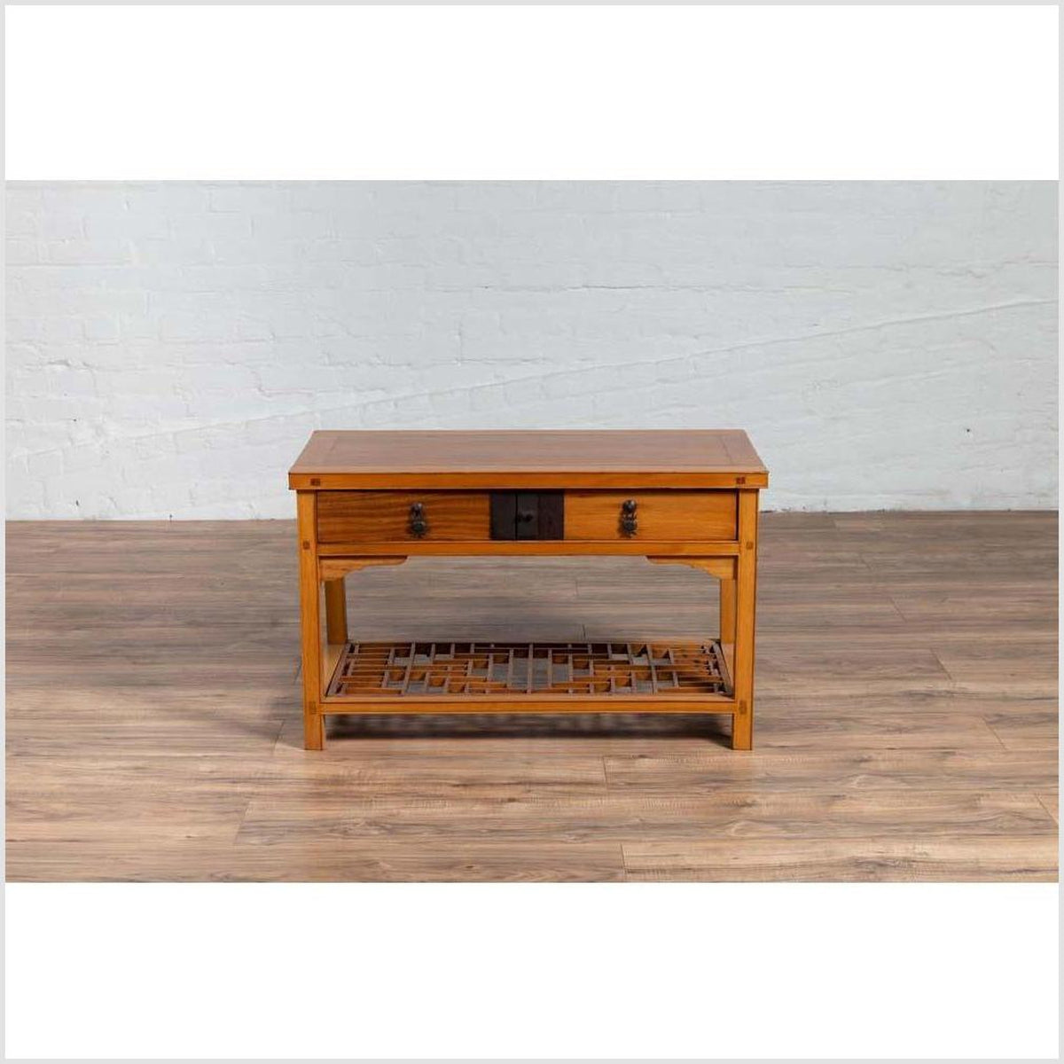 Vintage Chinese Natural Wood Side Table with Two Drawers and Crackled Ice Shelf-5. Asian & Chinese Furniture, Art, Antiques, Vintage Home Décor for sale at FEA Home