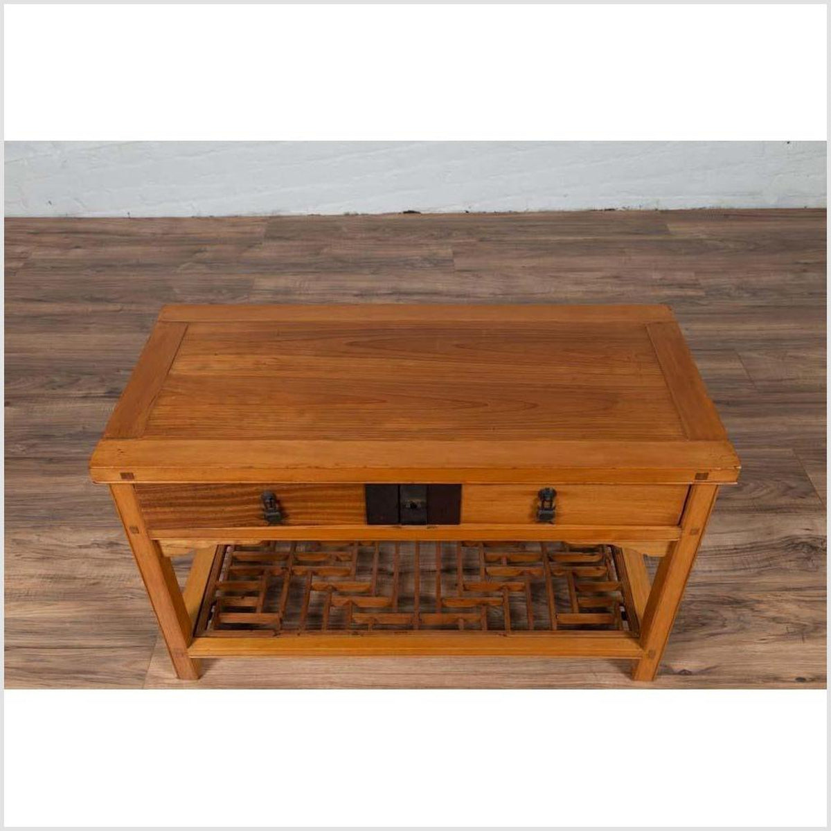 Vintage Chinese Natural Wood Side Table with Two Drawers and Crackled Ice Shelf-6. Asian & Chinese Furniture, Art, Antiques, Vintage Home Décor for sale at FEA Home