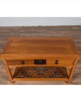 Vintage Chinese Natural Wood Side Table with Two Drawers and Crackled Ice Shelf-6. Asian & Chinese Furniture, Art, Antiques, Vintage Home Décor for sale at FEA Home