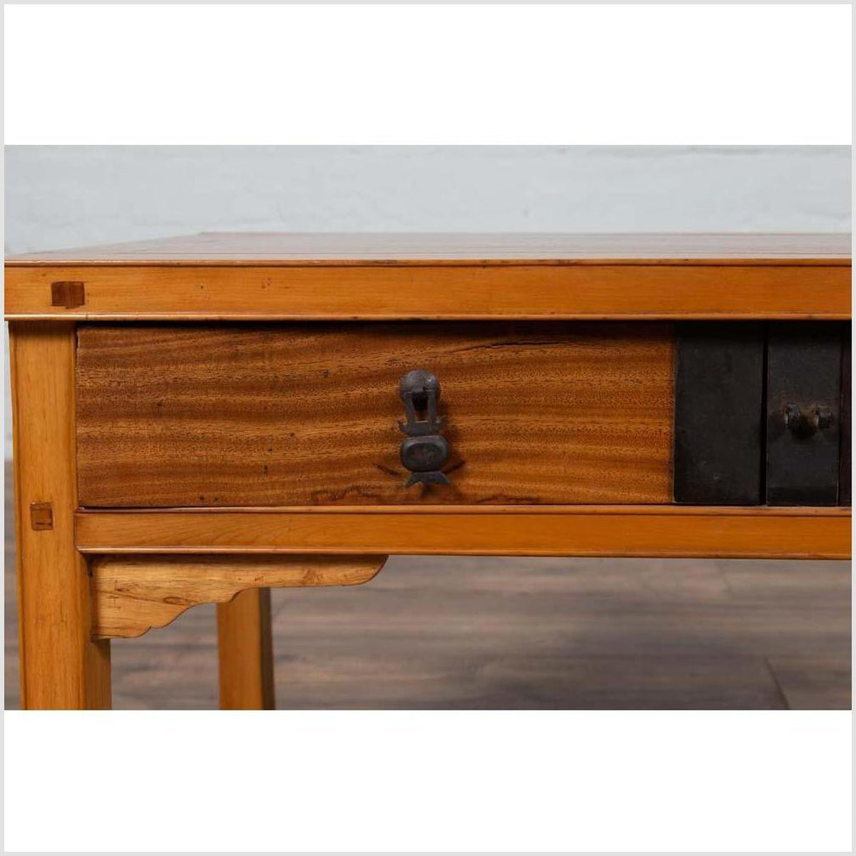 Vintage Chinese Natural Wood Side Table with Two Drawers and Crackled Ice Shelf-7. Asian & Chinese Furniture, Art, Antiques, Vintage Home Décor for sale at FEA Home