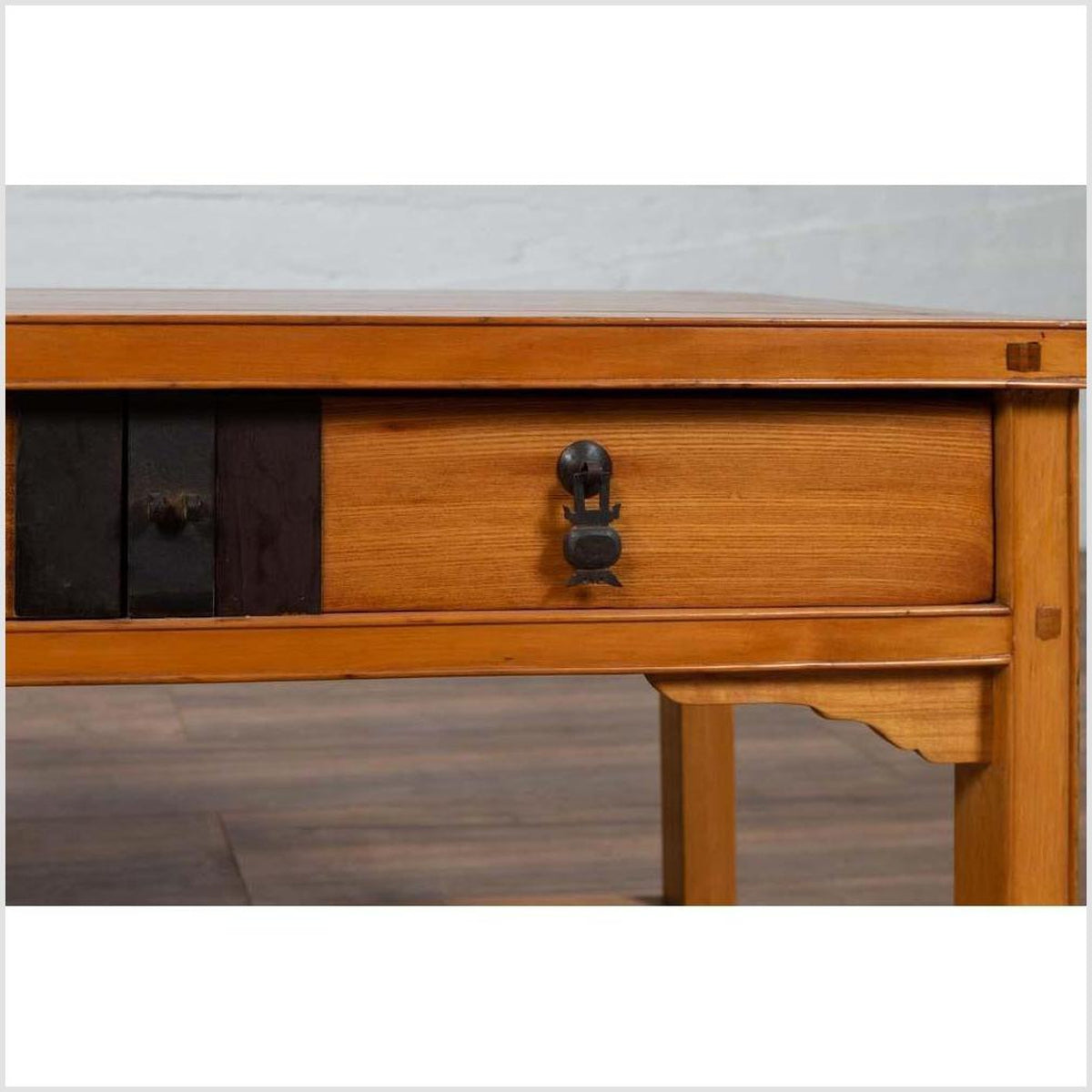 Vintage Chinese Natural Wood Side Table with Two Drawers and Crackled Ice Shelf-8. Asian & Chinese Furniture, Art, Antiques, Vintage Home Décor for sale at FEA Home