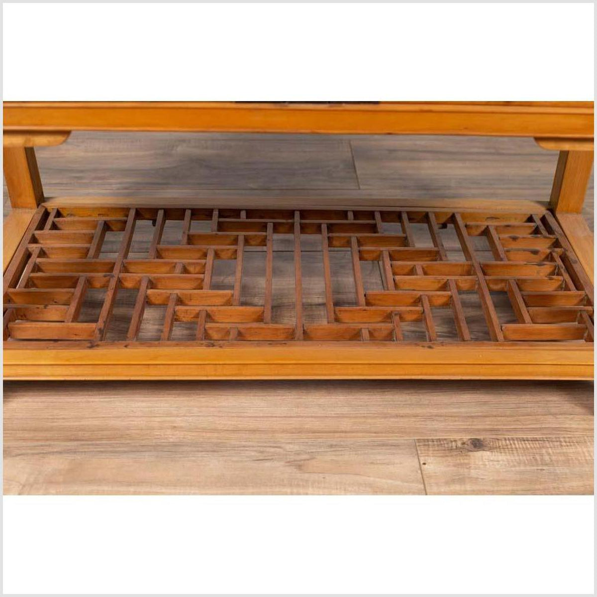 Vintage Chinese Natural Wood Side Table with Two Drawers and Crackled Ice Shelf-9. Asian & Chinese Furniture, Art, Antiques, Vintage Home Décor for sale at FEA Home