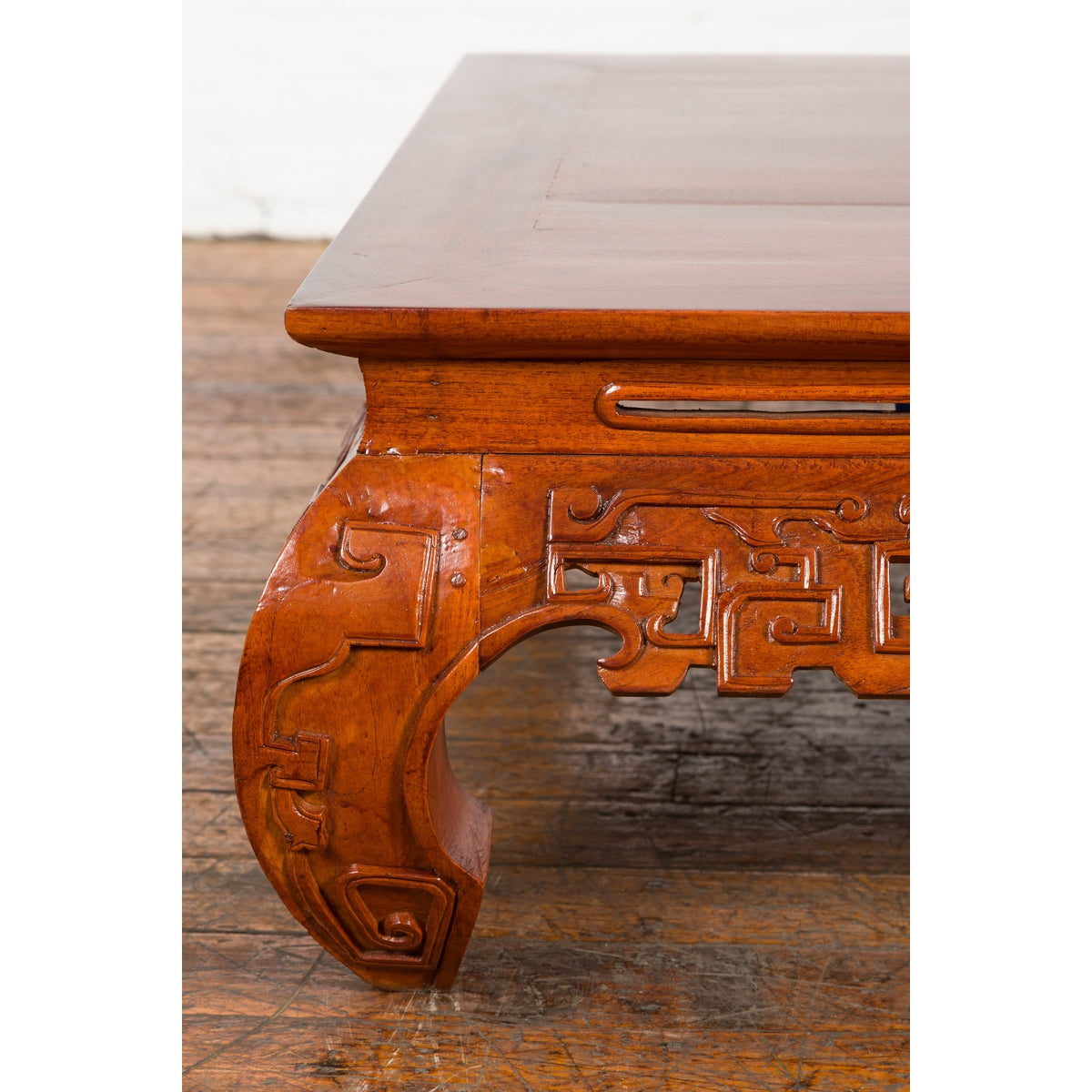 Vintage Chinese Style Low Kang Coffee Table with Carved Scrolls and Chow Legs-11. Asian & Chinese Furniture, Art, Antiques, Vintage Home Décor for sale at FEA Home