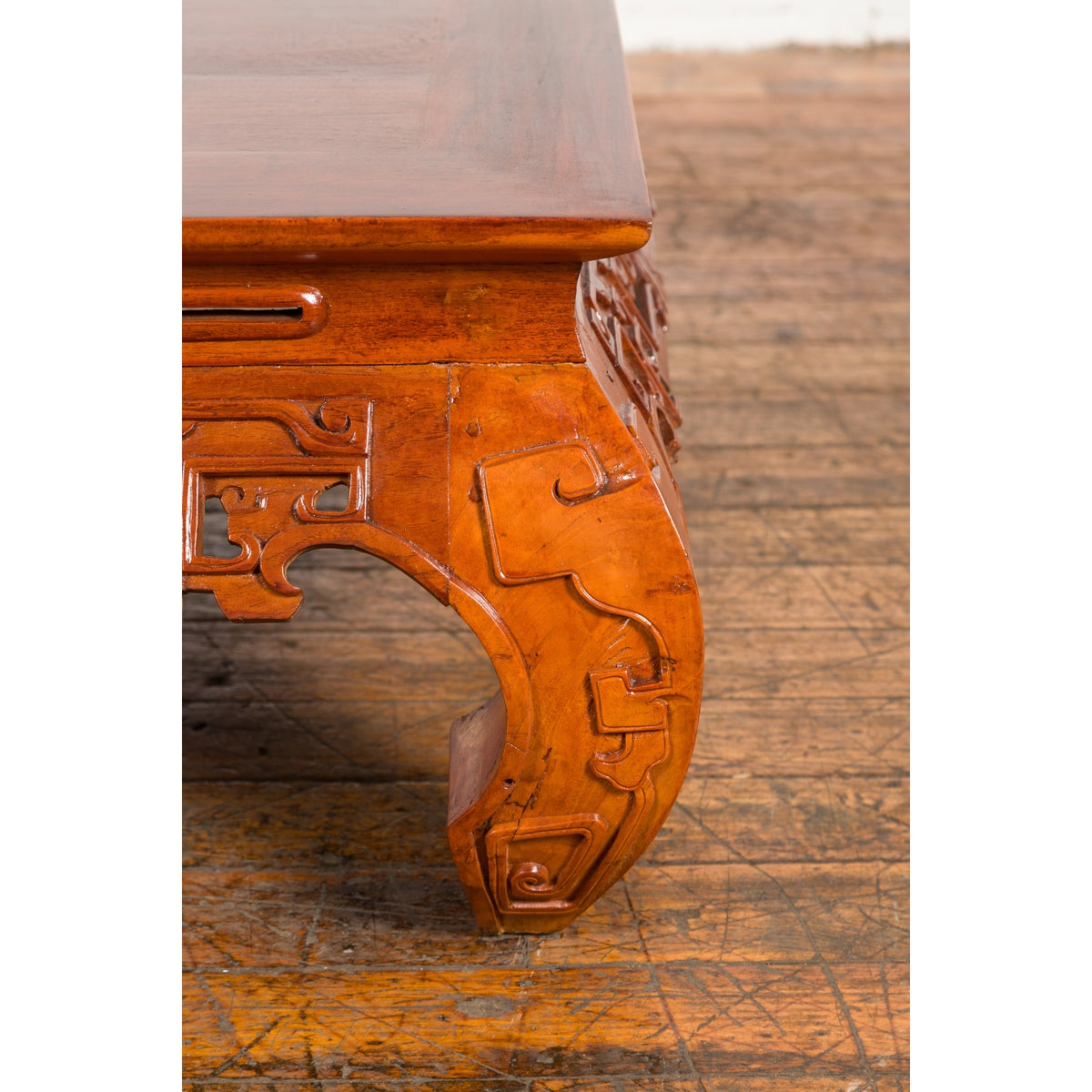 Vintage Chinese Style Low Kang Coffee Table with Carved Scrolls and Chow Legs-12. Asian & Chinese Furniture, Art, Antiques, Vintage Home Décor for sale at FEA Home