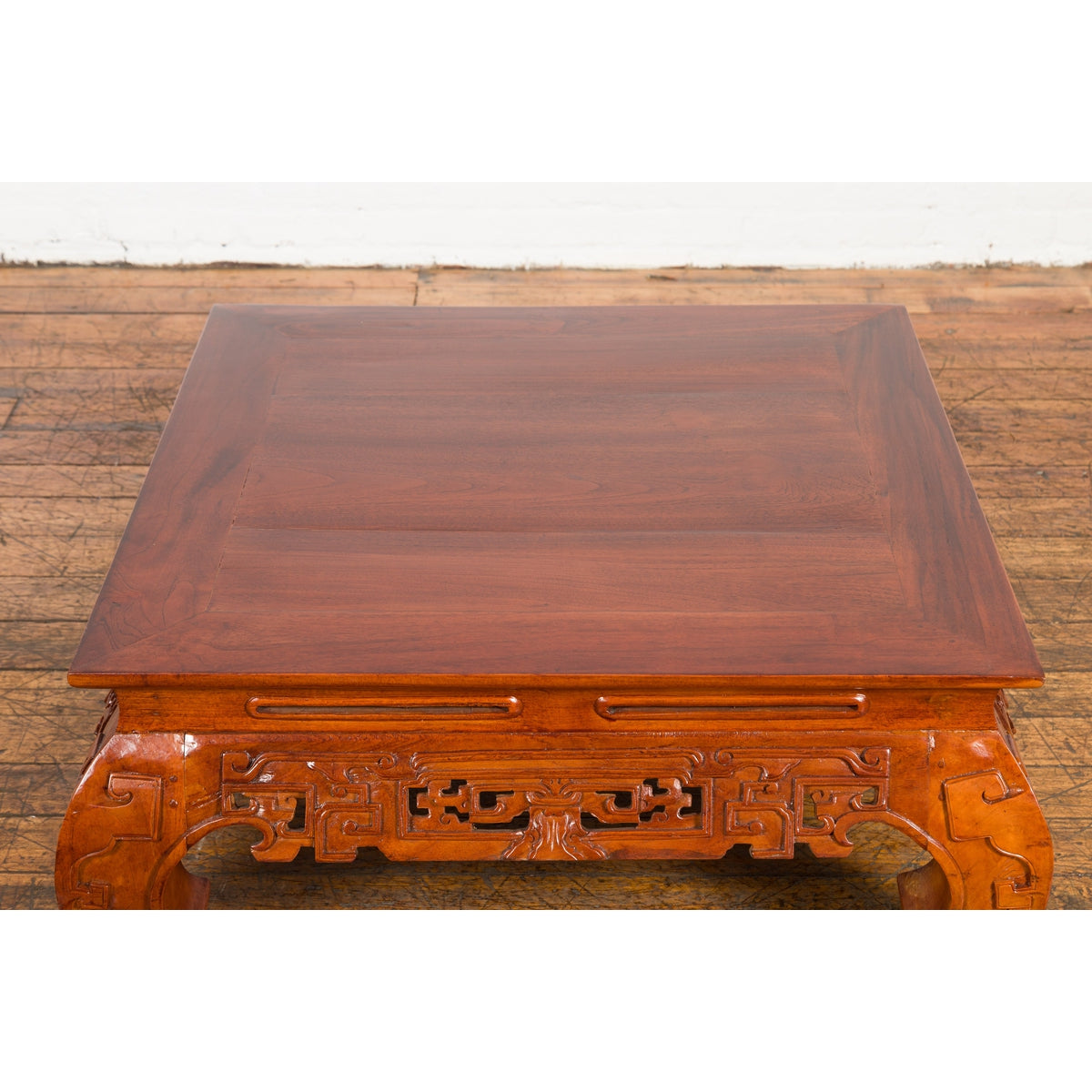 Vintage Chinese Style Low Kang Coffee Table with Carved Scrolls and Chow Legs-13. Asian & Chinese Furniture, Art, Antiques, Vintage Home Décor for sale at FEA Home
