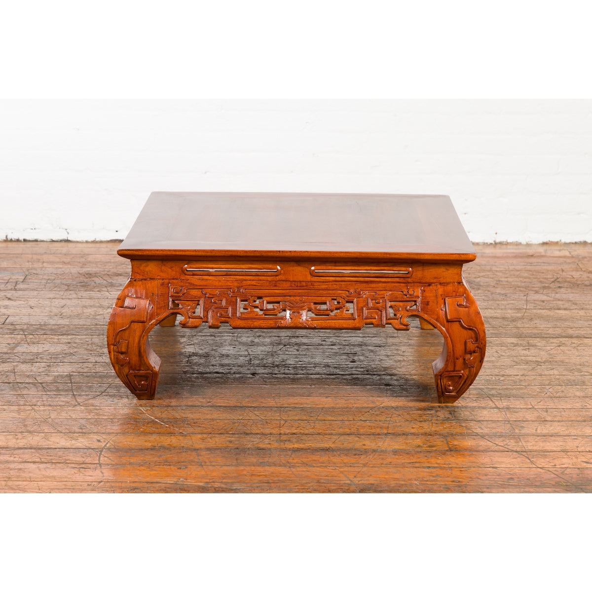 Vintage Chinese Style Low Kang Coffee Table with Carved Scrolls and Chow Legs-15. Asian & Chinese Furniture, Art, Antiques, Vintage Home Décor for sale at FEA Home