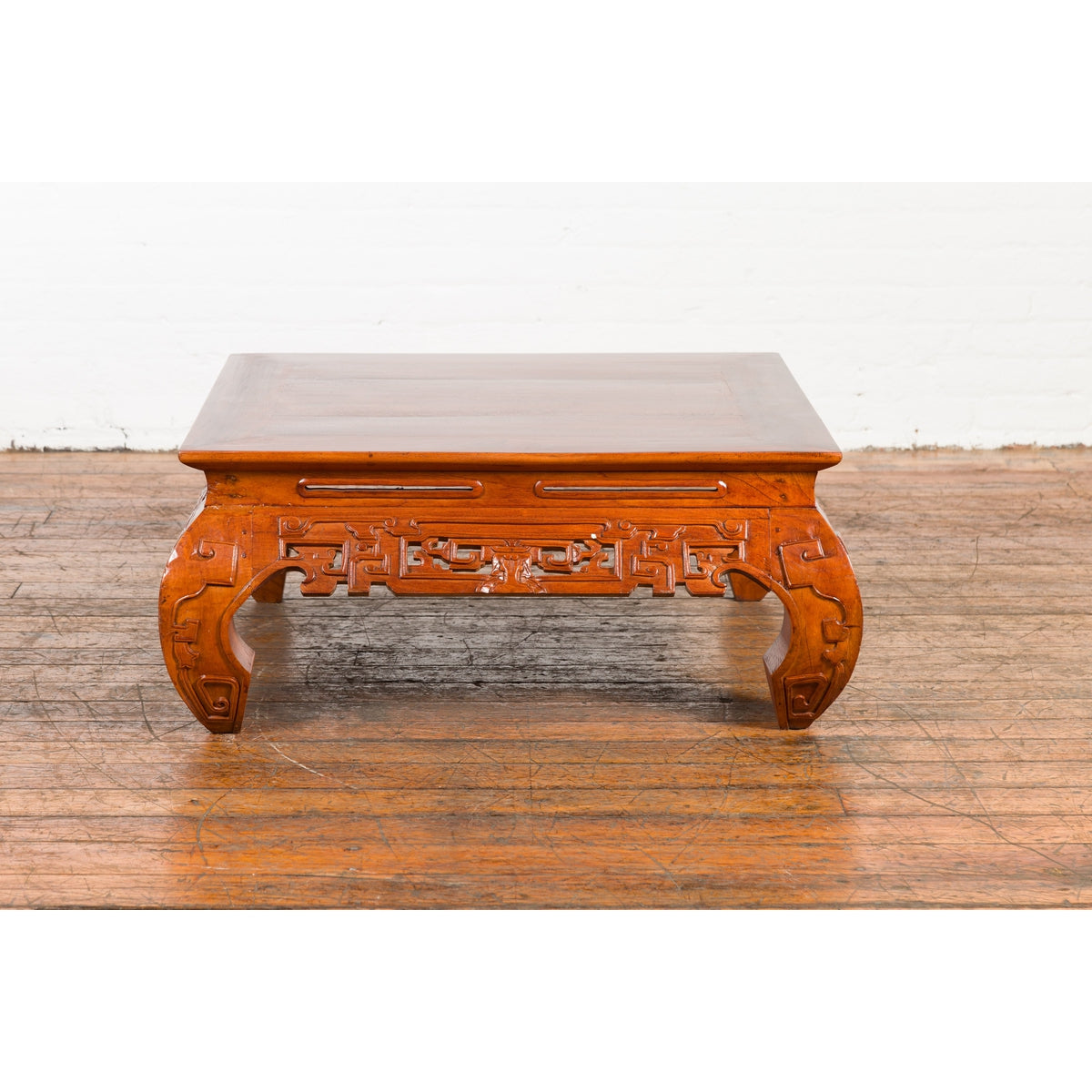 Vintage Chinese Style Low Kang Coffee Table with Carved Scrolls and Chow Legs-16. Asian & Chinese Furniture, Art, Antiques, Vintage Home Décor for sale at FEA Home