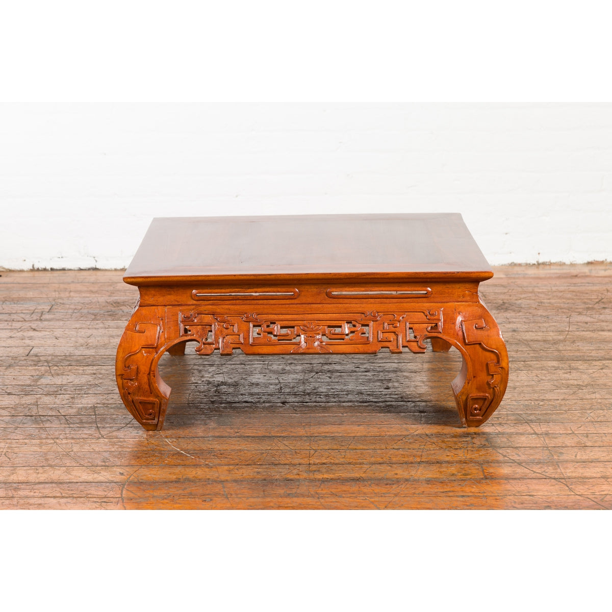 Vintage Chinese Style Low Kang Coffee Table with Carved Scrolls and Chow Legs-17. Asian & Chinese Furniture, Art, Antiques, Vintage Home Décor for sale at FEA Home