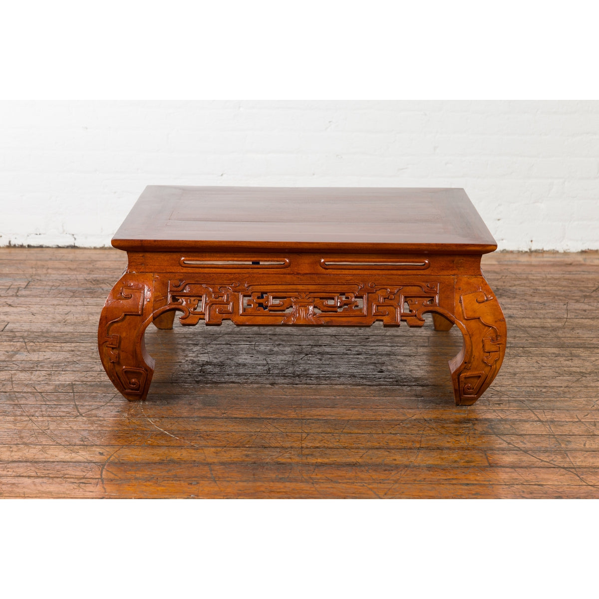 Vintage Chinese Style Low Kang Coffee Table with Carved Scrolls and Chow Legs-3. Asian & Chinese Furniture, Art, Antiques, Vintage Home Décor for sale at FEA Home