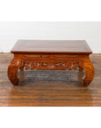 Vintage Chinese Style Low Kang Coffee Table with Carved Scrolls and Chow Legs-3. Asian & Chinese Furniture, Art, Antiques, Vintage Home Décor for sale at FEA Home
