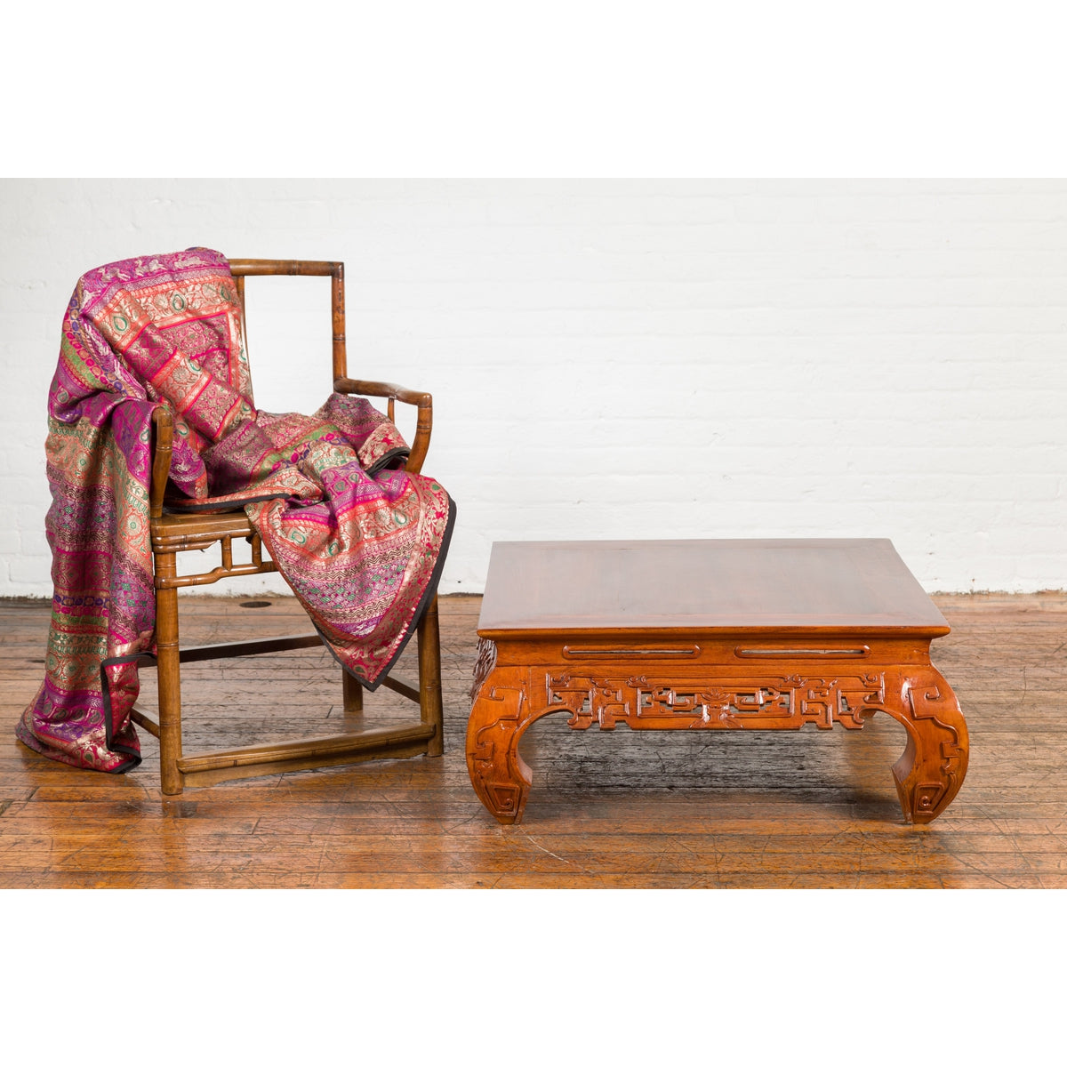 Vintage Chinese Style Low Kang Coffee Table with Carved Scrolls and Chow Legs-4. Asian & Chinese Furniture, Art, Antiques, Vintage Home Décor for sale at FEA Home