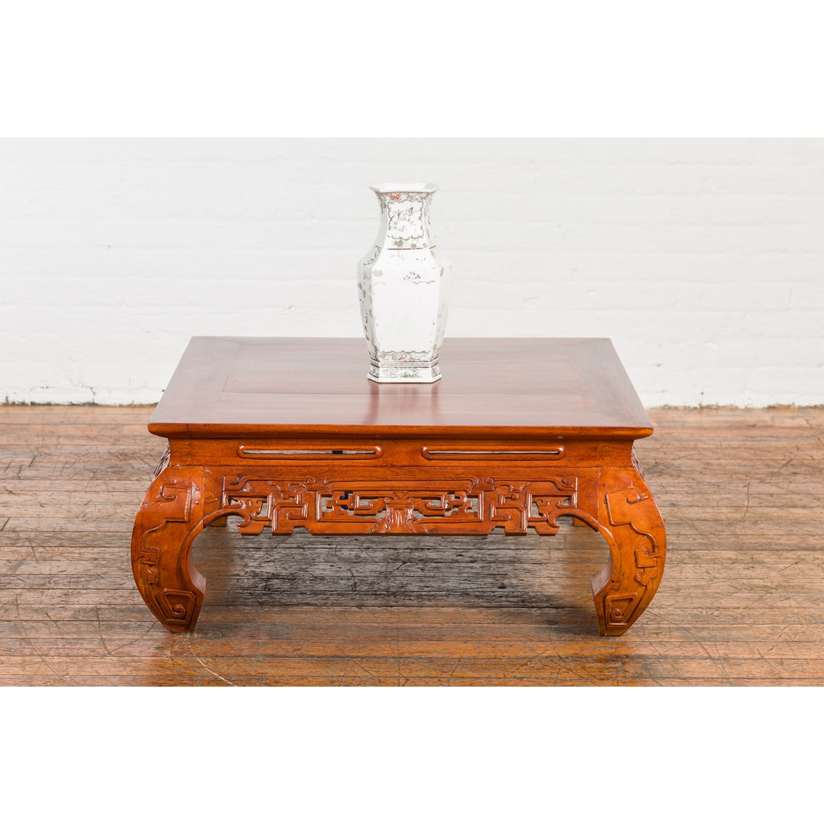 Vintage Chinese Style Low Kang Coffee Table with Carved Scrolls and Chow Legs-5. Asian & Chinese Furniture, Art, Antiques, Vintage Home Décor for sale at FEA Home