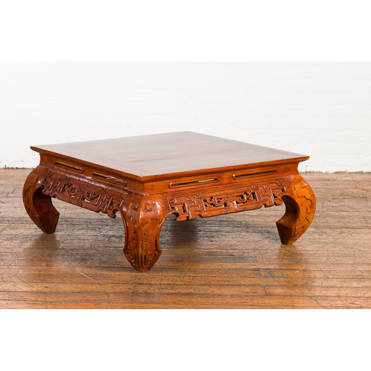 Vintage Chinese Style Low Kang Coffee Table with Carved Scrolls and Chow Legs-6. Asian & Chinese Furniture, Art, Antiques, Vintage Home Décor for sale at FEA Home