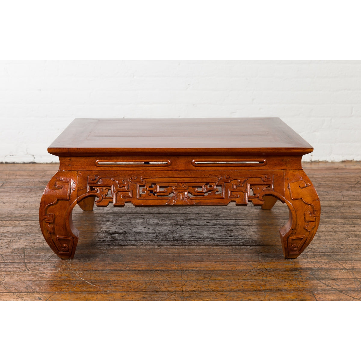 Vintage Chinese Style Low Kang Coffee Table with Carved Scrolls and Chow Legs-7. Asian & Chinese Furniture, Art, Antiques, Vintage Home Décor for sale at FEA Home