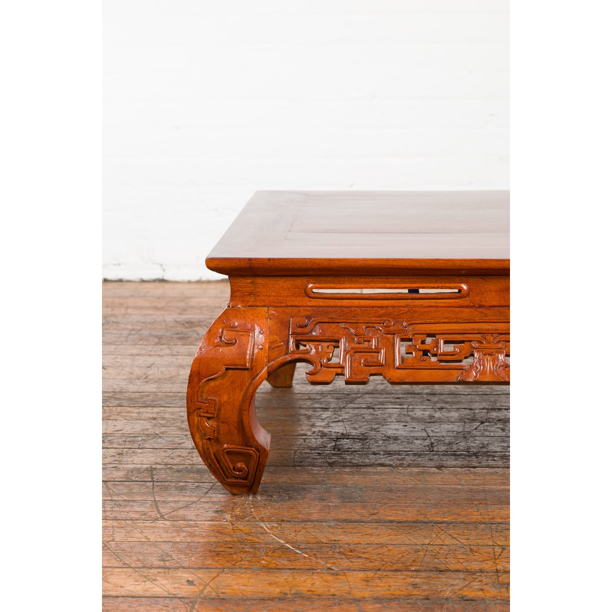 Vintage Chinese Style Low Kang Coffee Table with Carved Scrolls and Chow Legs-8. Asian & Chinese Furniture, Art, Antiques, Vintage Home Décor for sale at FEA Home