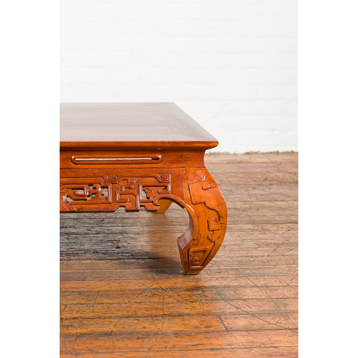 Vintage Chinese Style Low Kang Coffee Table with Carved Scrolls and Chow Legs-9. Asian & Chinese Furniture, Art, Antiques, Vintage Home Décor for sale at FEA Home
