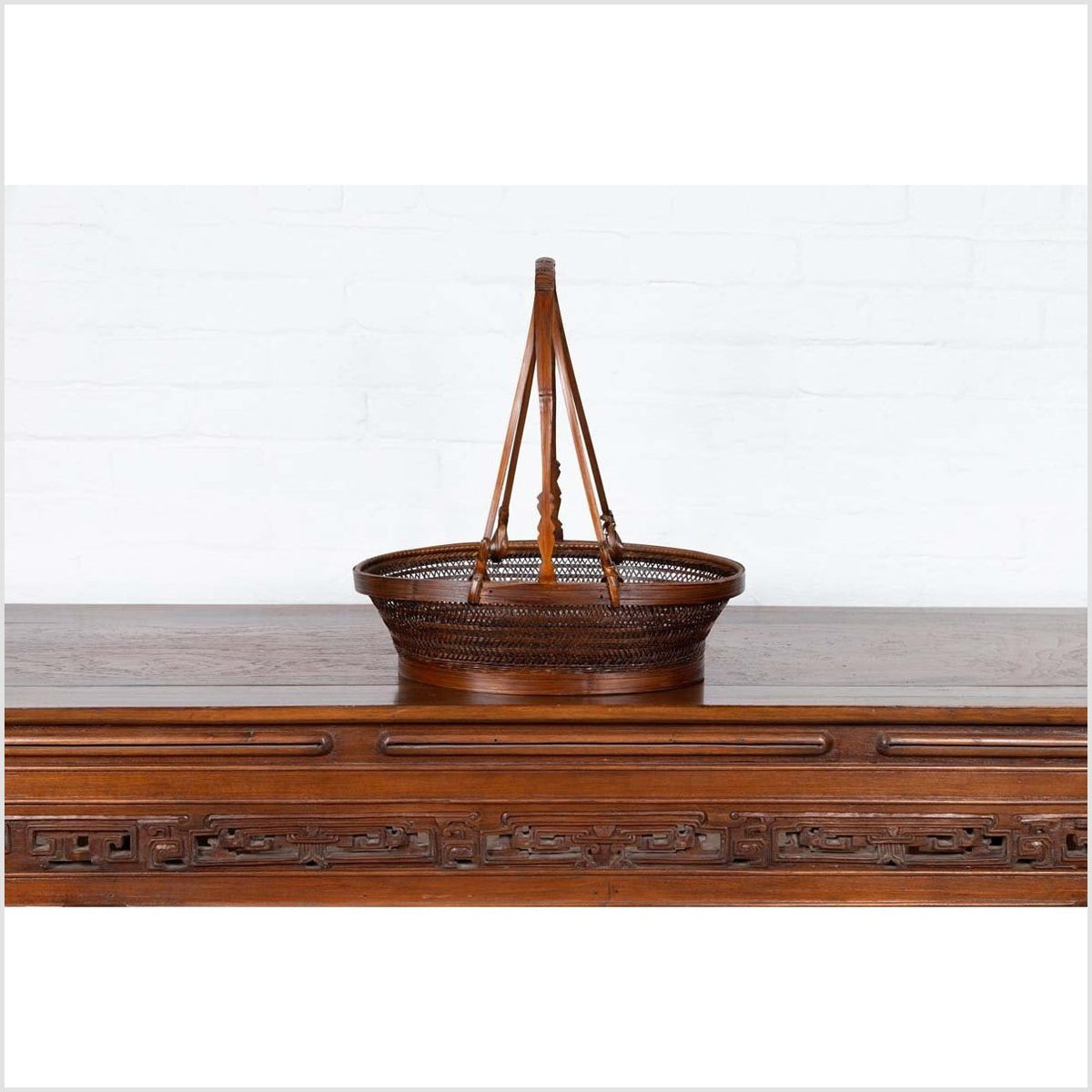 Vintage Chinese Woven Rattan Carrying Basket with Large Tripartite Handle-10. Asian & Chinese Furniture, Art, Antiques, Vintage Home Décor for sale at FEA Home