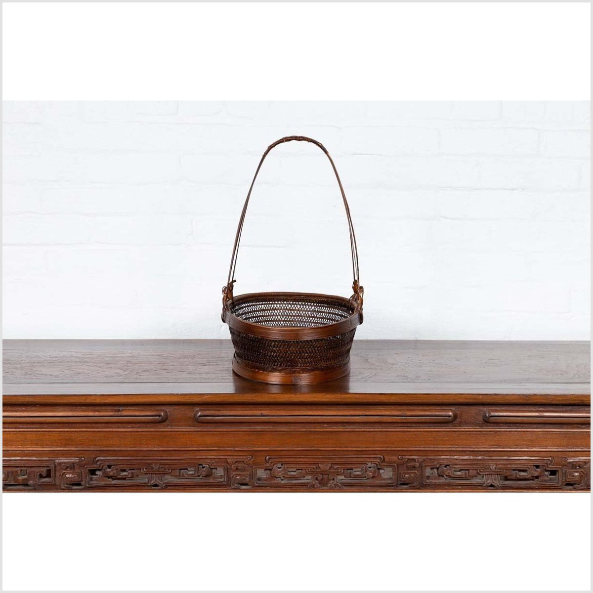 Vintage Chinese Woven Rattan Carrying Basket with Large Tripartite Handle-11. Asian & Chinese Furniture, Art, Antiques, Vintage Home Décor for sale at FEA Home