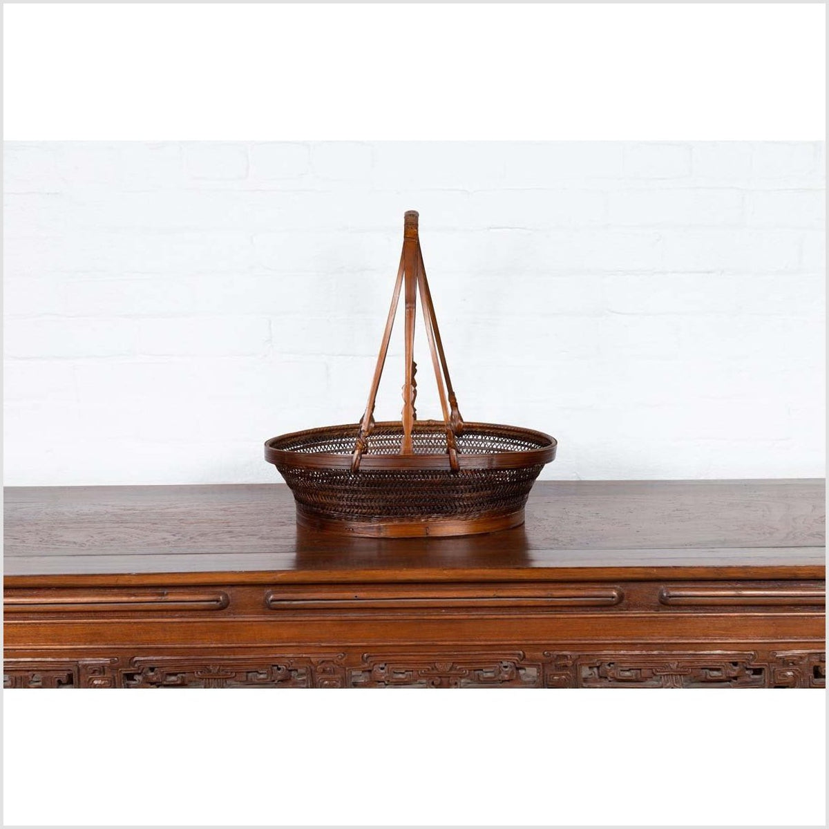 Vintage Chinese Woven Rattan Carrying Basket with Large Tripartite Handle-3. Asian & Chinese Furniture, Art, Antiques, Vintage Home Décor for sale at FEA Home
