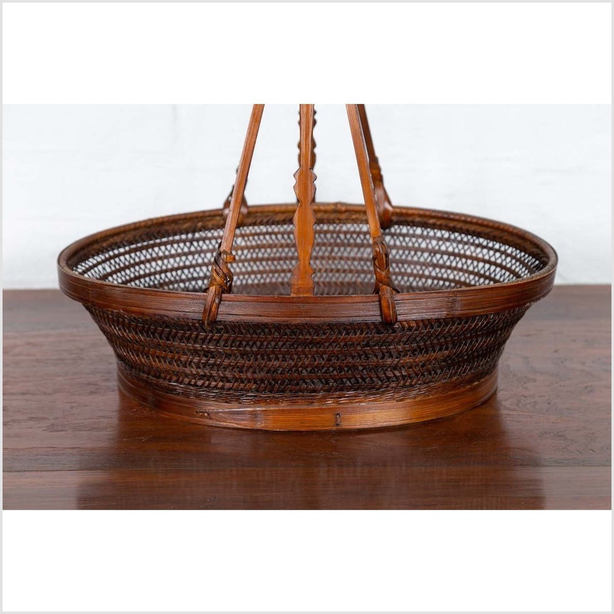 Vintage Chinese Woven Rattan Carrying Basket with Large Tripartite Handle-4. Asian & Chinese Furniture, Art, Antiques, Vintage Home Décor for sale at FEA Home