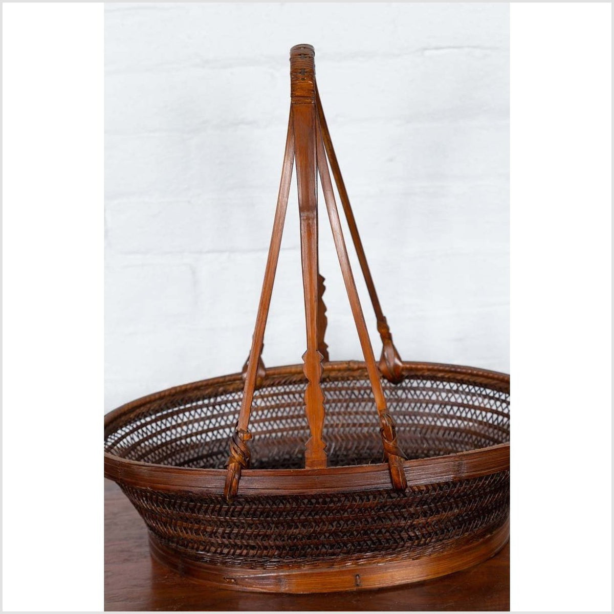 Vintage Chinese Woven Rattan Carrying Basket with Large Tripartite Handle-5. Asian & Chinese Furniture, Art, Antiques, Vintage Home Décor for sale at FEA Home