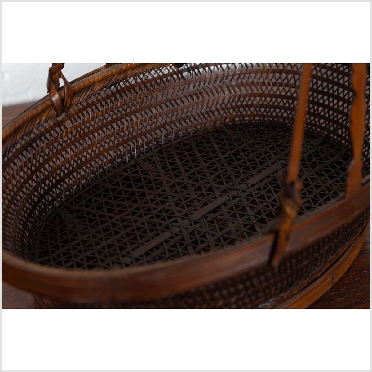 Vintage Chinese Woven Rattan Carrying Basket with Large Tripartite Handle-6. Asian & Chinese Furniture, Art, Antiques, Vintage Home Décor for sale at FEA Home
