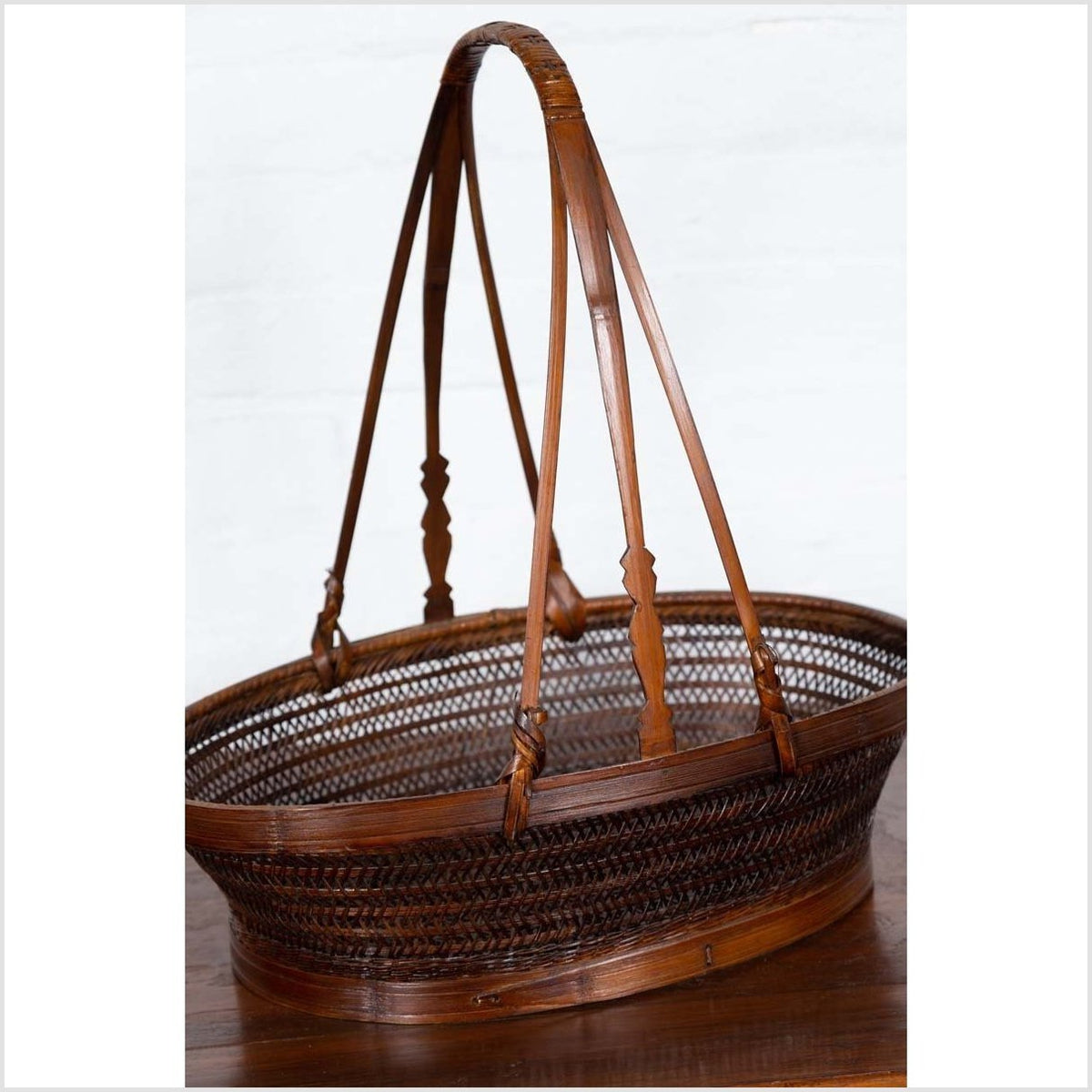 Vintage Chinese Woven Rattan Carrying Basket with Large Tripartite Handle-7. Asian & Chinese Furniture, Art, Antiques, Vintage Home Décor for sale at FEA Home