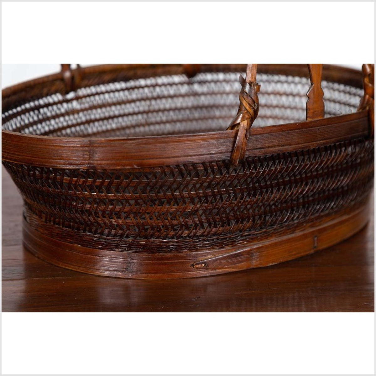 Vintage Chinese Woven Rattan Carrying Basket with Large Tripartite Handle-8. Asian & Chinese Furniture, Art, Antiques, Vintage Home Décor for sale at FEA Home
