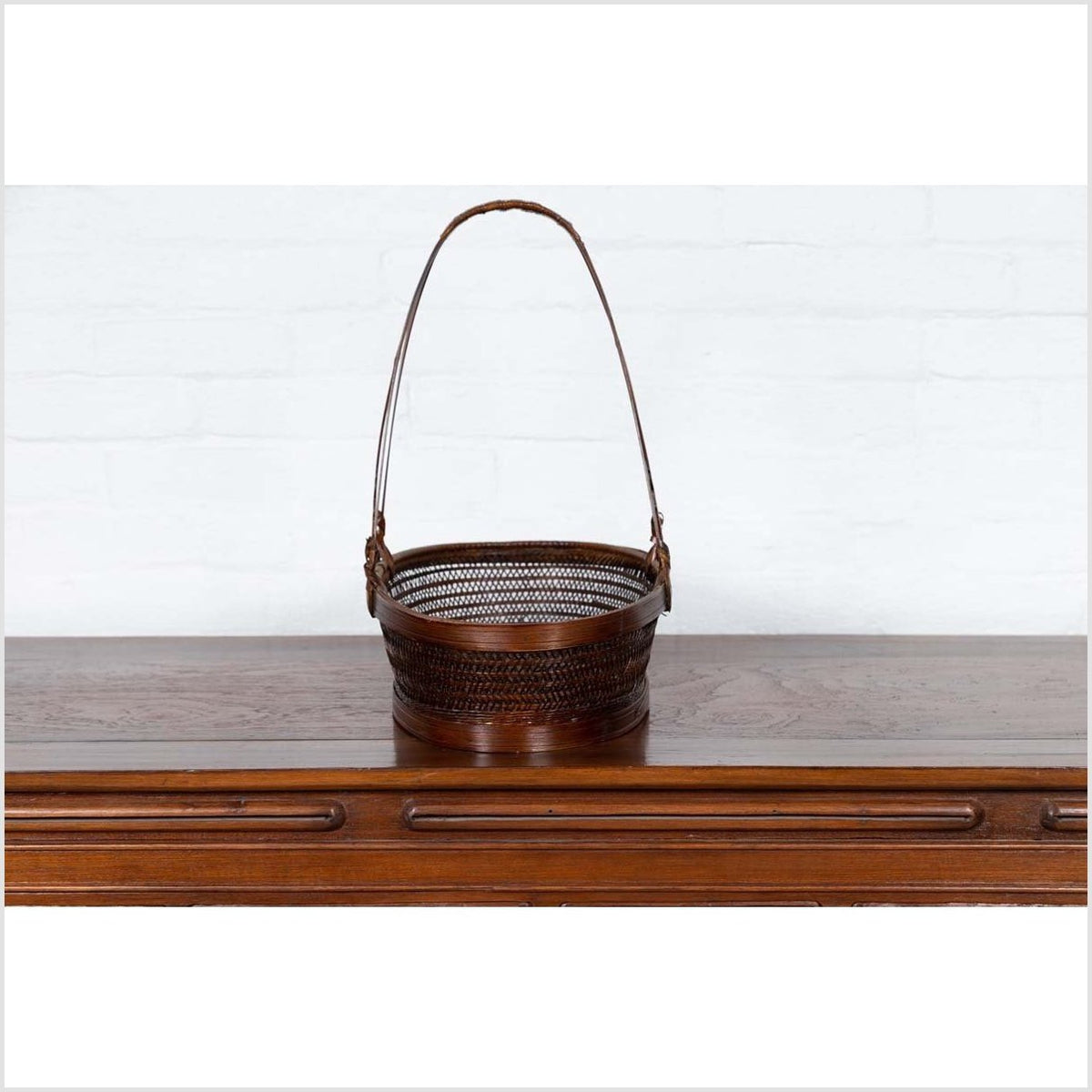 Vintage Chinese Woven Rattan Carrying Basket with Large Tripartite Handle-9. Asian & Chinese Furniture, Art, Antiques, Vintage Home Décor for sale at FEA Home