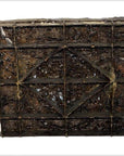 Close-up of a square, dark glossy chocolate-coated vintage copper Batek ink block with grid and diamond pattern.