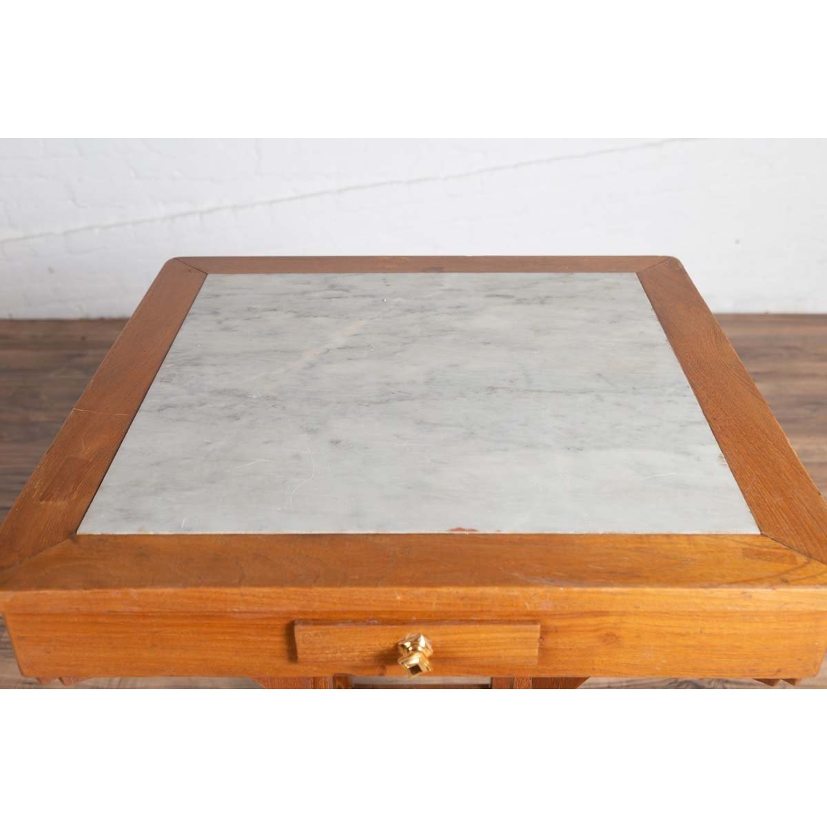 Vintage Dutch Colonial Indonesian Square Center Table with Marble Inset-9. Asian & Chinese Furniture, Art, Antiques, Vintage Home Décor for sale at FEA Home
