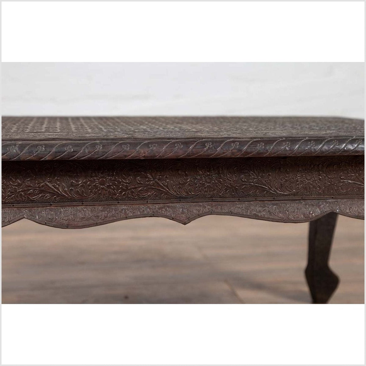 Vintage Indian Coffee Table with Brushed Metal Patina over Wood and Floral Décor-11. Asian & Chinese Furniture, Art, Antiques, Vintage Home Décor for sale at FEA Home