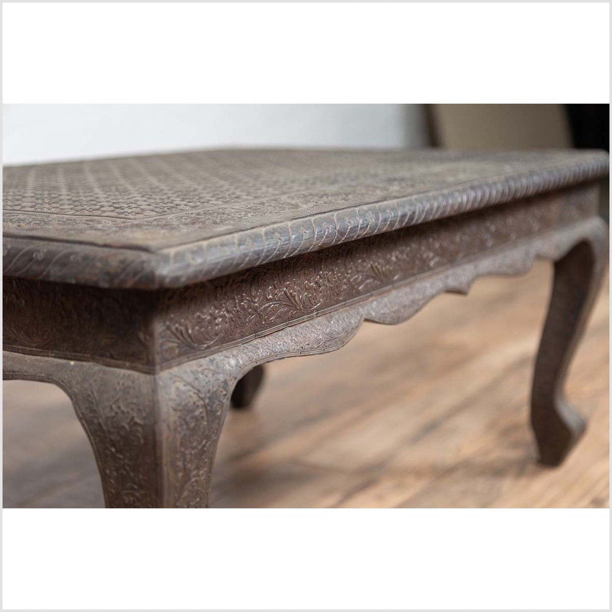 Vintage Indian Coffee Table with Brushed Metal Patina over Wood and Floral Décor-12. Asian & Chinese Furniture, Art, Antiques, Vintage Home Décor for sale at FEA Home