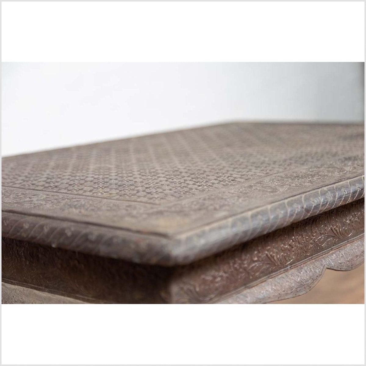 Vintage Indian Coffee Table with Brushed Metal Patina over Wood and Floral Décor-13. Asian & Chinese Furniture, Art, Antiques, Vintage Home Décor for sale at FEA Home