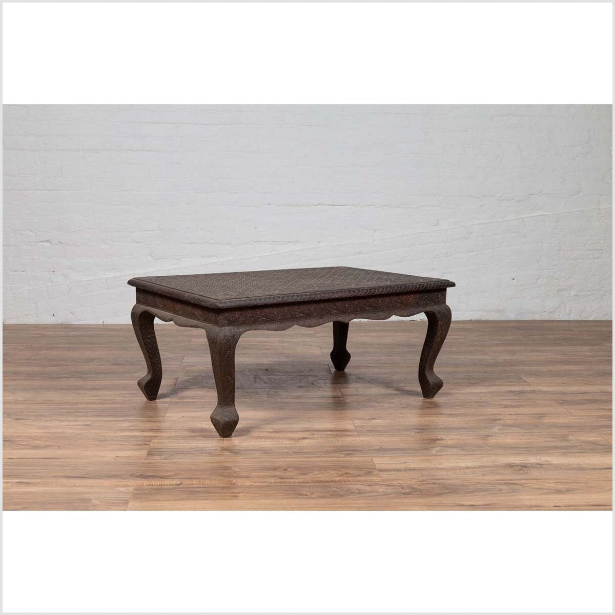 Vintage Indian Coffee Table with Brushed Metal Patina over Wood and Floral Décor-17. Asian & Chinese Furniture, Art, Antiques, Vintage Home Décor for sale at FEA Home