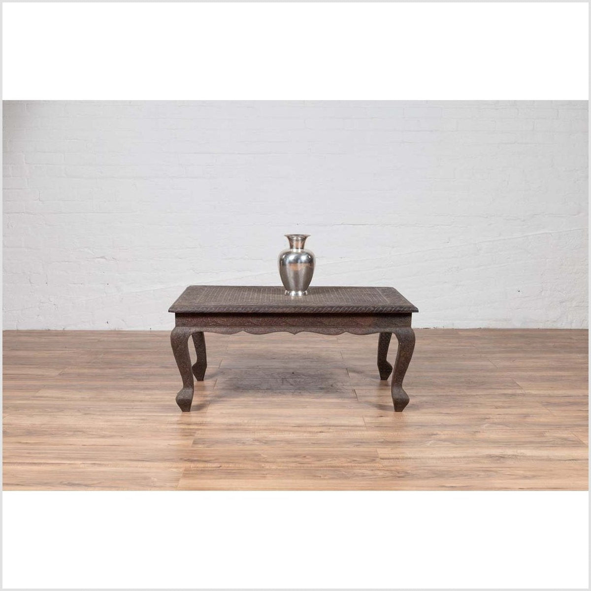 Vintage Indian Coffee Table with Brushed Metal Patina over Wood and Floral Décor-19. Asian & Chinese Furniture, Art, Antiques, Vintage Home Décor for sale at FEA Home