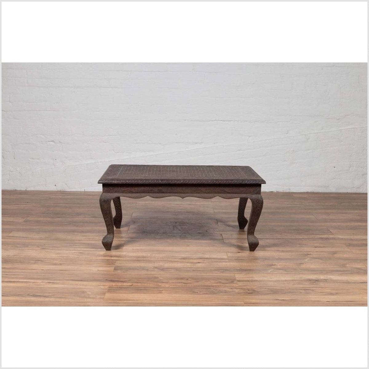 Vintage Indian Coffee Table with Brushed Metal Patina over Wood and Floral Décor-20. Asian & Chinese Furniture, Art, Antiques, Vintage Home Décor for sale at FEA Home