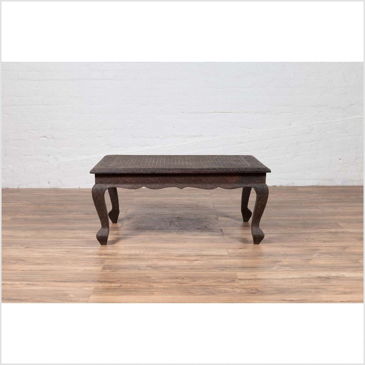 Vintage Indian Coffee Table with Brushed Metal Patina over Wood and Floral Décor-4. Asian & Chinese Furniture, Art, Antiques, Vintage Home Décor for sale at FEA Home