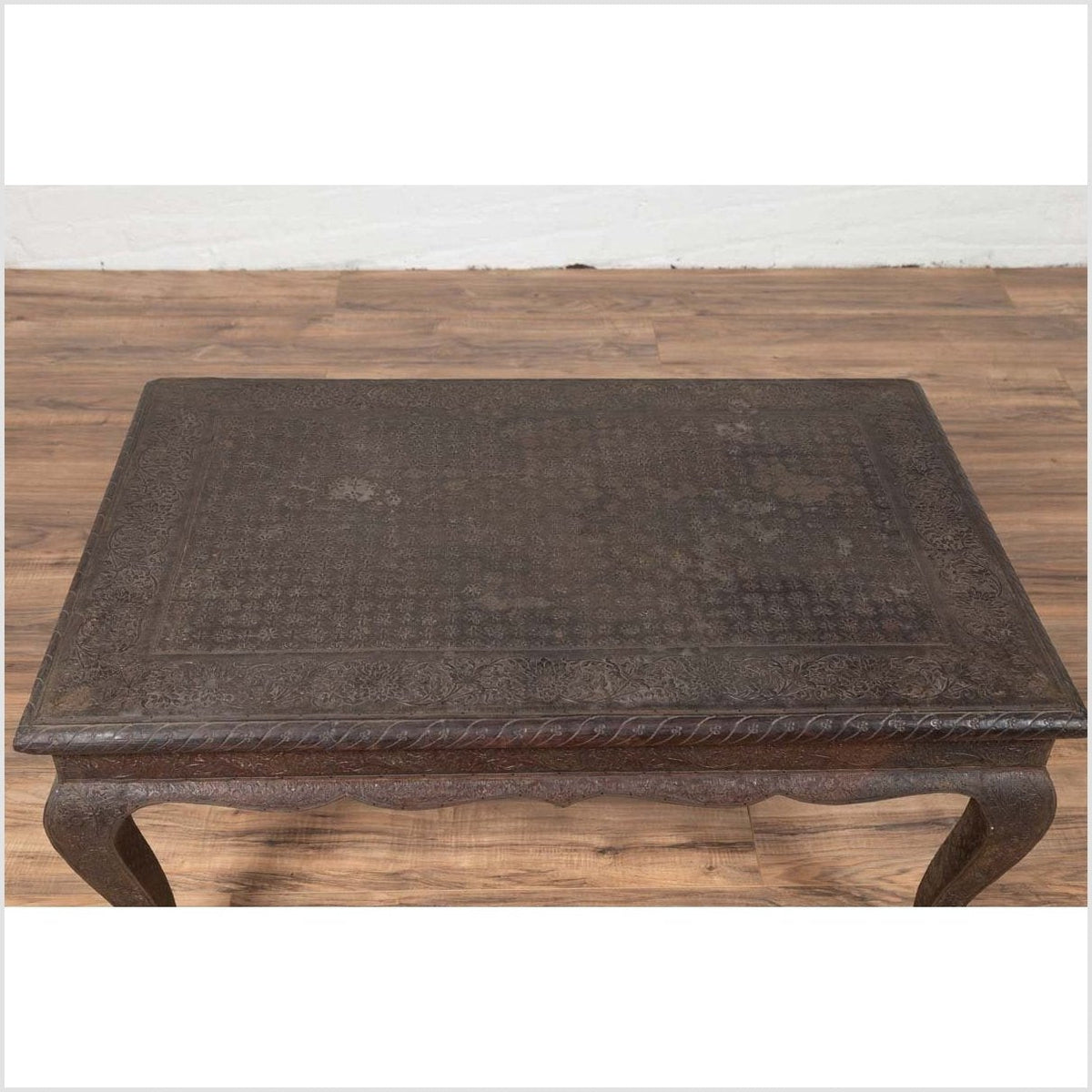 Vintage Indian Coffee Table with Brushed Metal Patina over Wood and Floral Décor-5. Asian & Chinese Furniture, Art, Antiques, Vintage Home Décor for sale at FEA Home