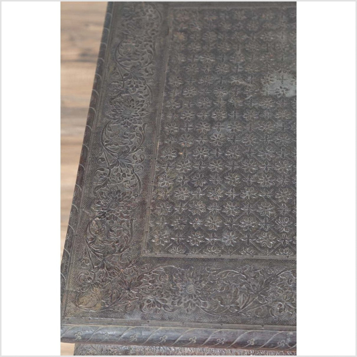 Vintage Indian Coffee Table with Brushed Metal Patina over Wood and Floral Décor-6. Asian & Chinese Furniture, Art, Antiques, Vintage Home Décor for sale at FEA Home