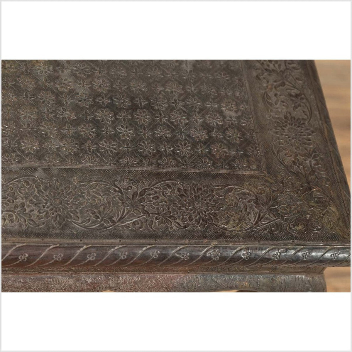Vintage Indian Coffee Table with Brushed Metal Patina over Wood and Floral Décor-7. Asian & Chinese Furniture, Art, Antiques, Vintage Home Décor for sale at FEA Home