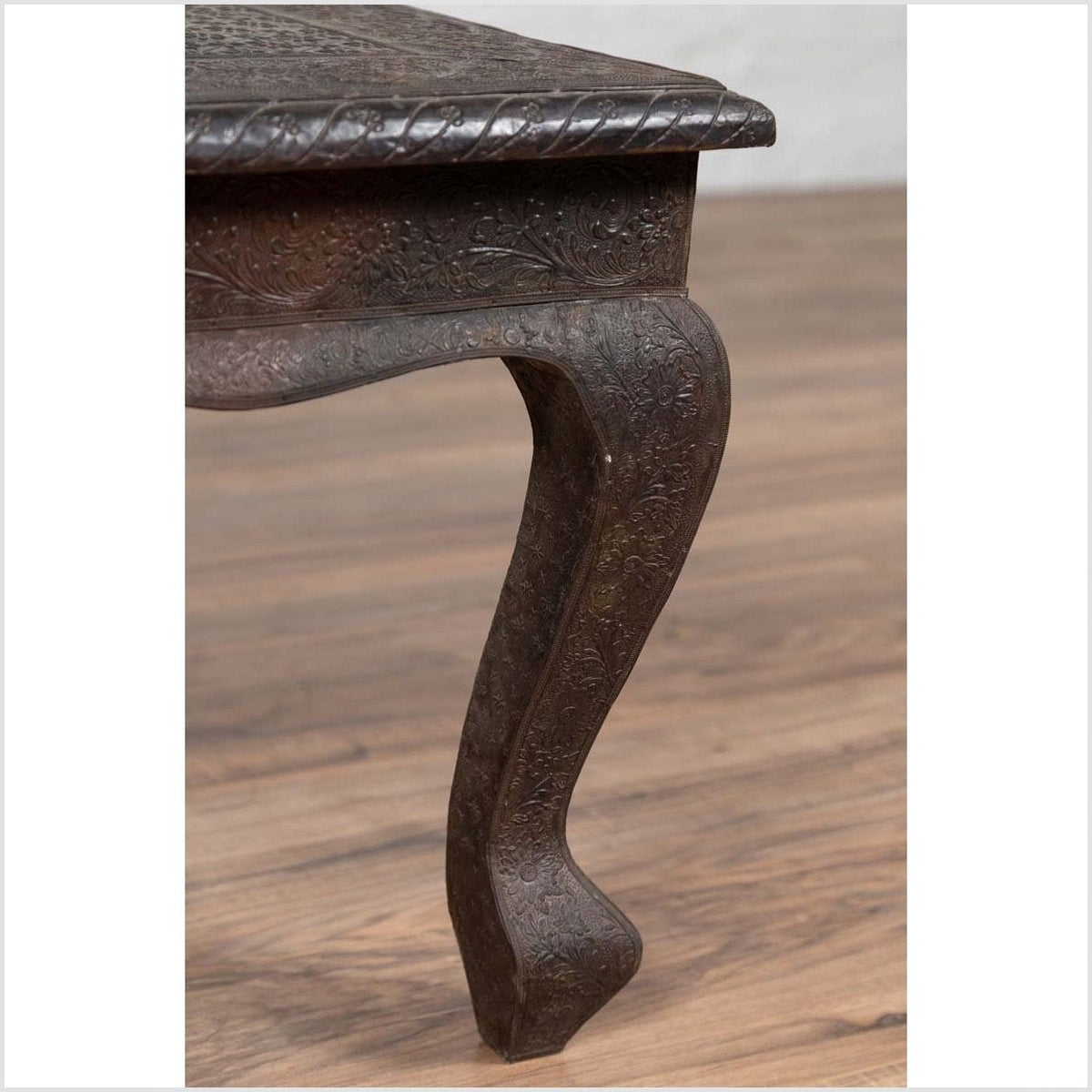 Vintage Indian Coffee Table with Brushed Metal Patina over Wood and Floral Décor-10. Asian & Chinese Furniture, Art, Antiques, Vintage Home Décor for sale at FEA Home