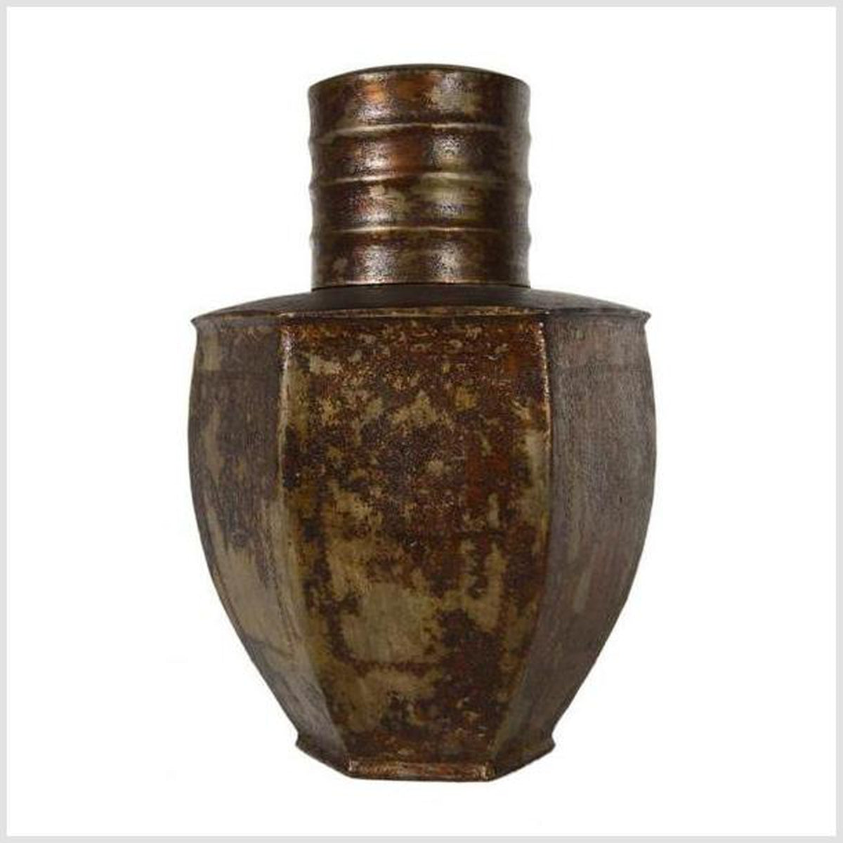 Vintage Indian Hand-Hammered Distressed Tin Storage Canister, Early 20th Century-3. Asian & Chinese Furniture, Art, Antiques, Vintage Home Décor for sale at FEA Home