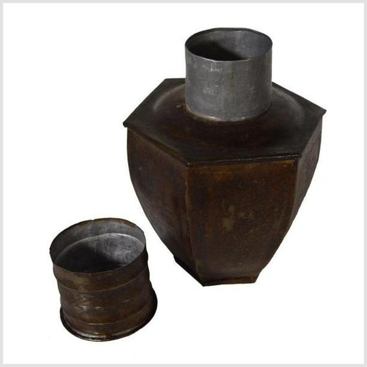 Vintage Indian Hand-Hammered Multi-Sided Tin Storage Canister-4. Asian & Chinese Furniture, Art, Antiques, Vintage Home Décor for sale at FEA Home