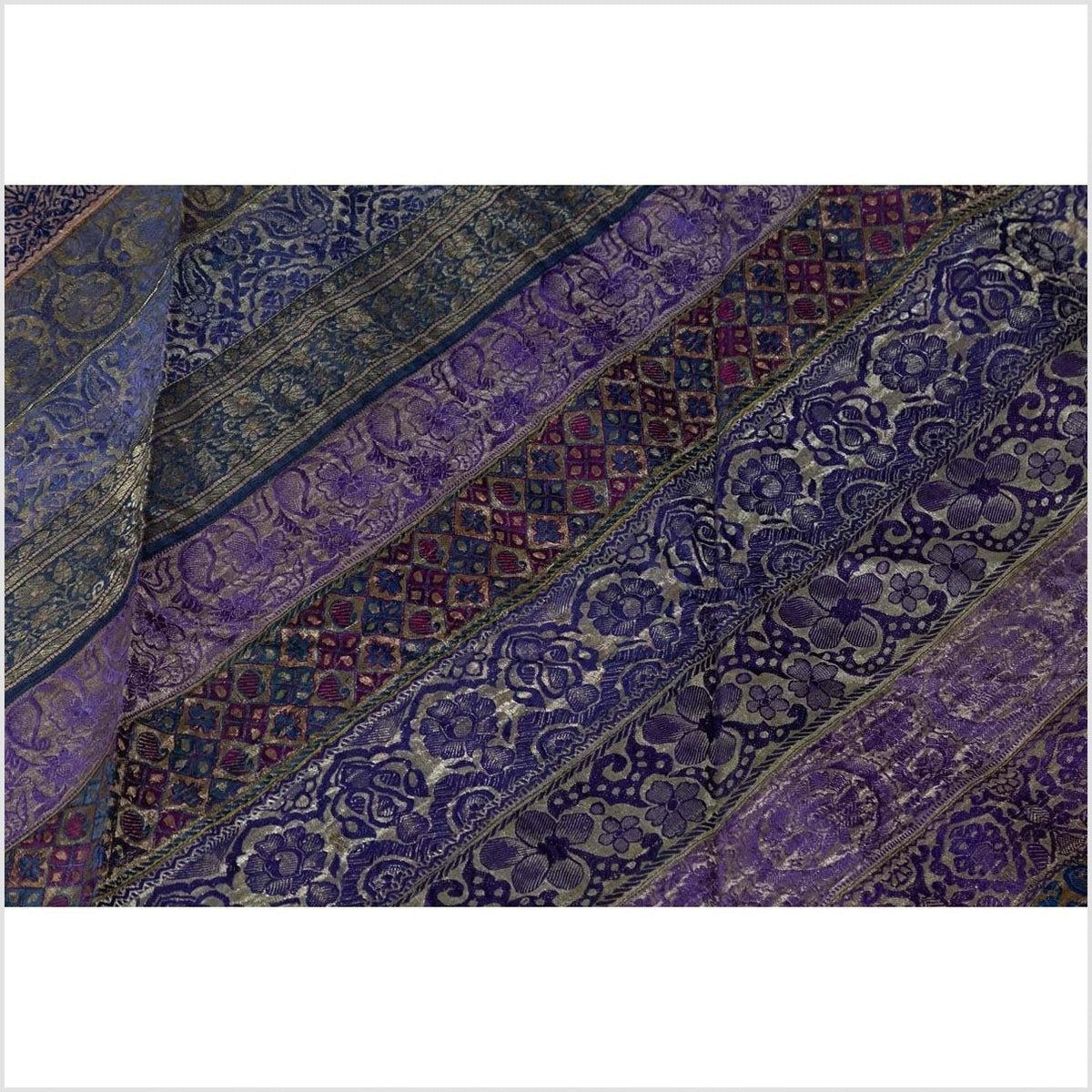 Vintage Indian Purple Silk Embroidered Fabric with Purple, Silver and Gold Tones-10. Asian & Chinese Furniture, Art, Antiques, Vintage Home Décor for sale at FEA Home