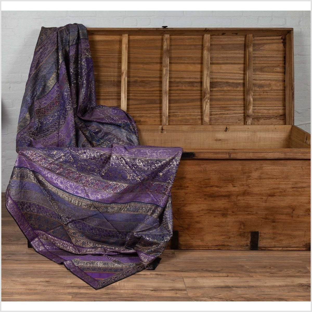 Vintage Indian Purple Silk Embroidered Fabric with Purple, Silver and Gold Tones-16. Asian & Chinese Furniture, Art, Antiques, Vintage Home Décor for sale at FEA Home