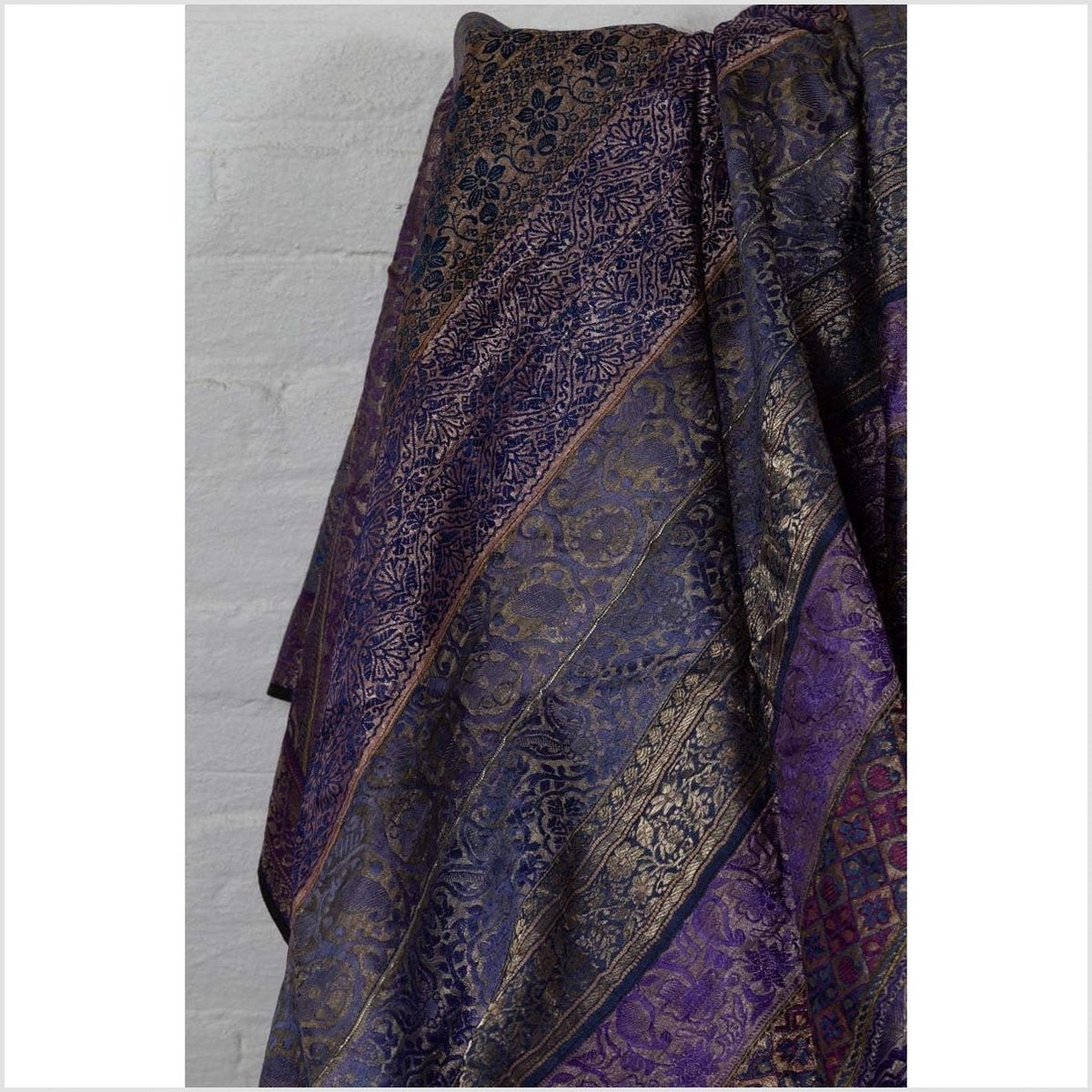 Vintage Indian Purple Silk Embroidered Fabric with Purple, Silver and Gold Tones-17. Asian & Chinese Furniture, Art, Antiques, Vintage Home Décor for sale at FEA Home