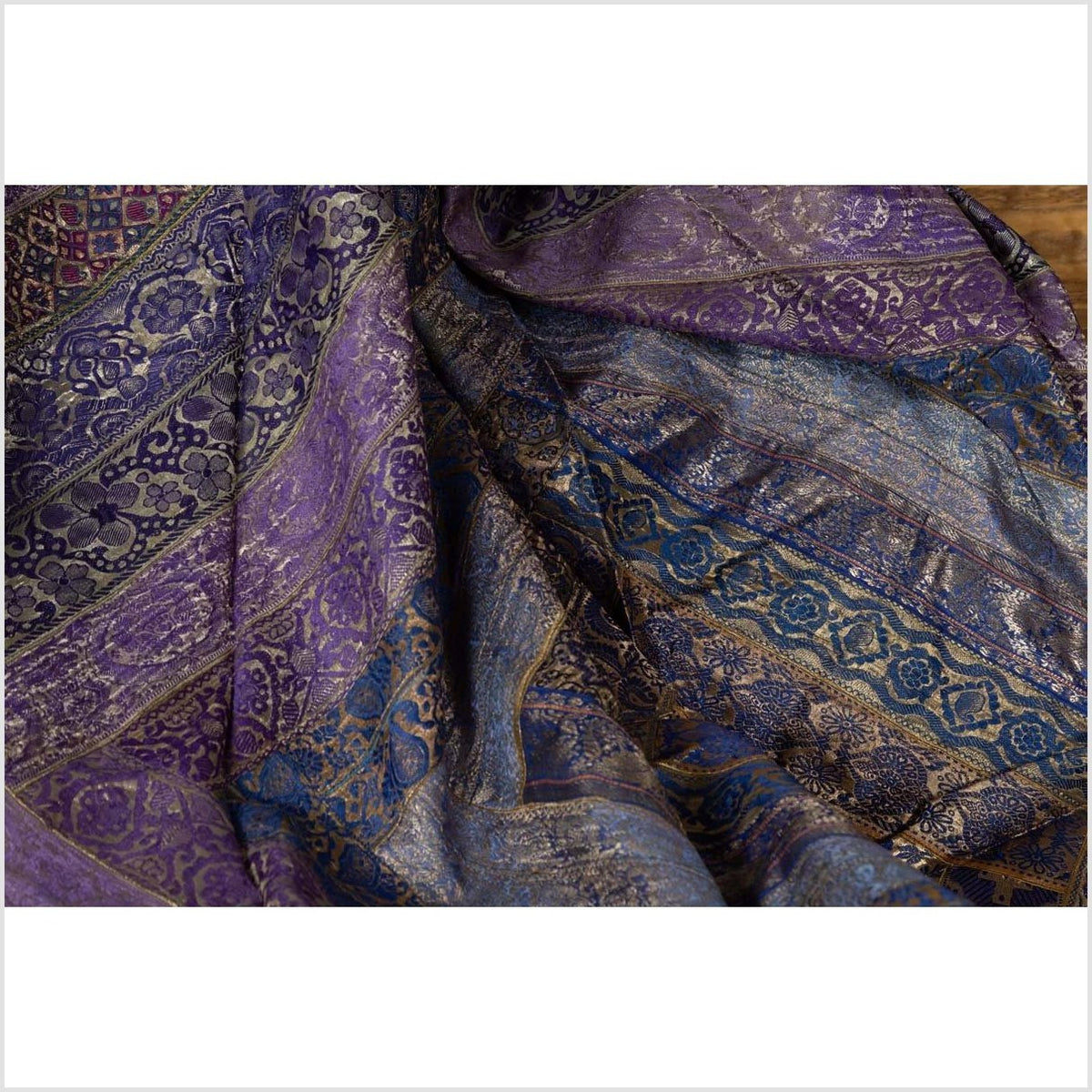Vintage Indian Purple Silk Embroidered Fabric with Purple, Silver and Gold Tones-19. Asian & Chinese Furniture, Art, Antiques, Vintage Home Décor for sale at FEA Home