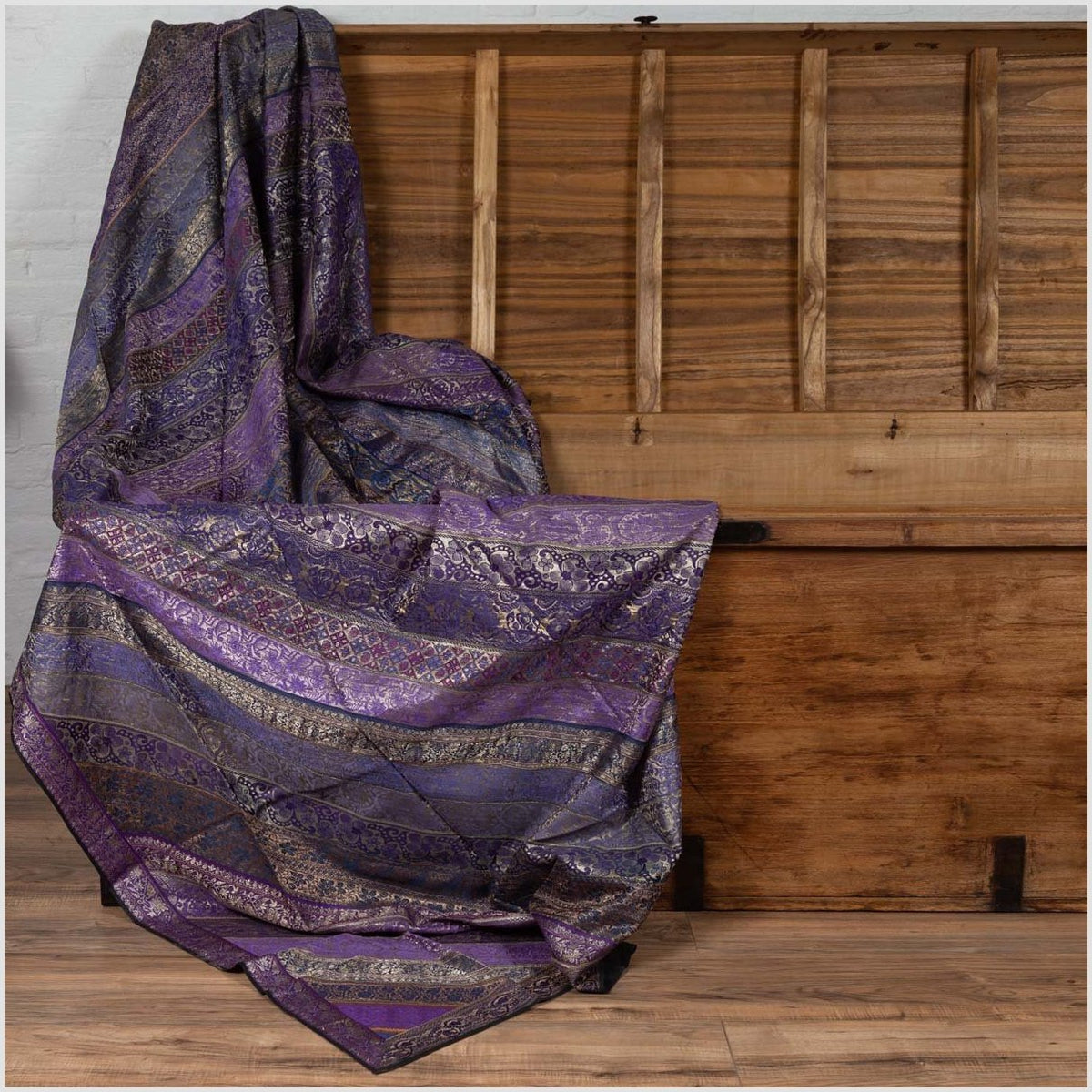 Vintage Indian Purple Silk Embroidered Fabric with Purple, Silver and Gold Tones-5. Asian & Chinese Furniture, Art, Antiques, Vintage Home Décor for sale at FEA Home